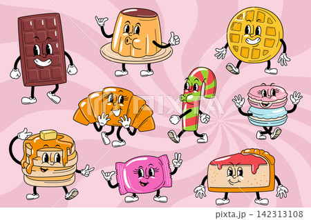 Sweets and pastry. Retro rubber hose style cartoon characters set, featuring a walking chocolate bar, pudding, waffle, croissant, candy cane, pancakes with syrup, wrapped candy, and fruit pie slice. Sweets and pastry. Retro rubber hose style cartoon characters set, featuring a walking chocolate bar, pudding, waffle, croissant, candy cane, pancakes with syrup, wrapped candy, and fruit pie slice. 142313108