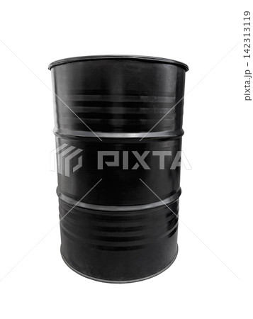 Black metal barrel isolated on white background with cliping path. Dark steel tank for fuel and oil. 142313119