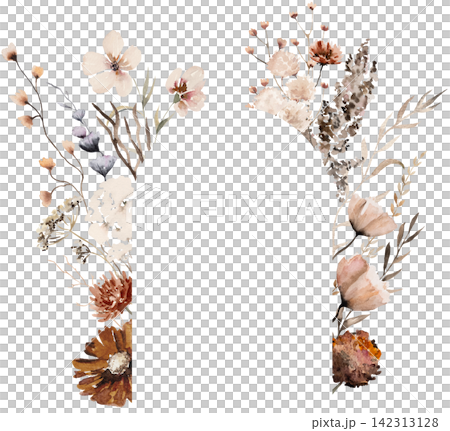 Floral frame made with watercolor brown wildflowers and leaves, autumn wedding illustration Floral frame made with watercolor brown wildflowers and leaves, autumn wedding illustration 142313128