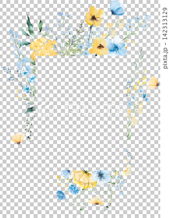 Rectangular loral frame with blue and yellow watercolor wildflowers and leaves, wedding illustration Rectangular loral frame with blue and yellow watercolor wildflowers and leaves, wedding illustration 142313129