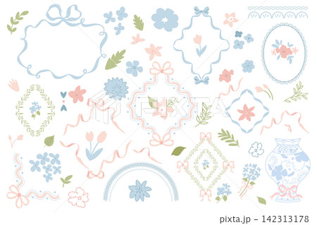 Coquette frame, flower, bow set. Preppy grandmillennial collection with hydrangea, bouquets, ribbons. Vector clipart Coquette frame, flower, bow set. Preppy grandmillennial collection with hydrangea, bouquets, ribbons. Vector clipart 142313178