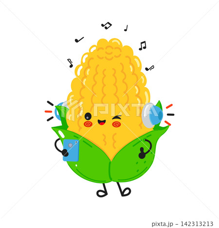 Cute corn cob character listening to music 142313213