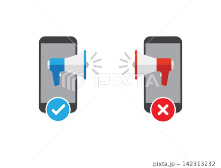 two smartphones with megaphones showing correct and wrong communication 142313232