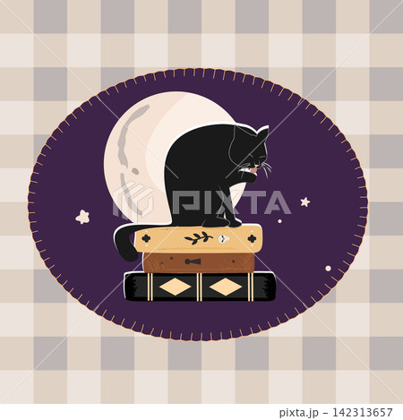 Pile of vintage books with a big black cat on the top on the night full moon background. Fabric oval frame sewed to gingham background. Halloween night composition. Vector illustration Pile of vintage books with a big black cat on the top on the night full moon background. Fabric oval frame sewed to gingham background. Halloween night composition. Vector illustration 142313657