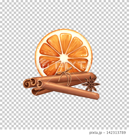 Hand-drawn orange slice and cinnamon sticks clipart illustration Hand-drawn orange slice and cinnamon sticks clipart illustration 142313789