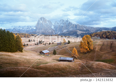 Sassolungo rises above rolling meadows and mountain huts on Alpe di Siusi Sassolungo rises above rolling meadows and mountain huts on Alpe di Siusi 142313832