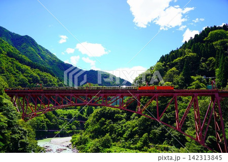 新緑の黒部峡谷を走るトロッコ列車と新山彦橋 新緑の黒部峡谷を走るトロッコ列車と新山彦橋 142313845
