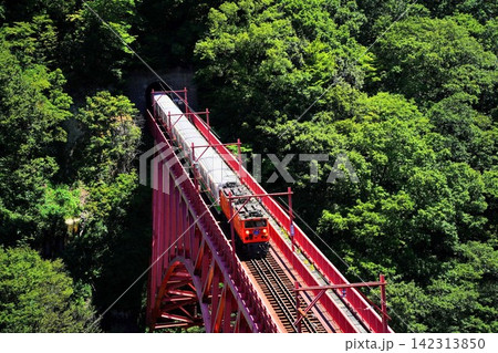 新緑の黒部峡谷を走るトロッコ列車と新山彦橋 142313850