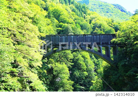 黒部峡谷に架かる歴史的なアーチ式水路橋 柳河原発電所 跡曳水路橋 142314010