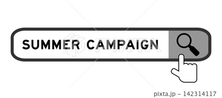 Search banner in word summer campagin with hand over magnifier icon on white background Search banner in word summer campagin with hand over magnifier icon on white background 142314117