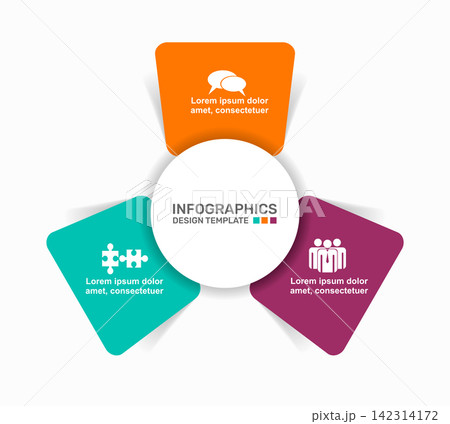 Circular infographic design template with three colorful options, a central circle, icons, and dummy text. Vector illustration. 142314172
