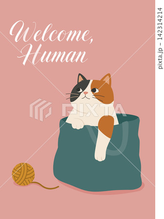 バッグから顔を出す三毛猫、ウェルカムメッセージ、かわいい動物イラスト バッグから顔を出す三毛猫、ウェルカムメッセージ、かわいい動物イラスト 142314214