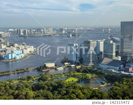 青空と緑が広がる東京湾岸の都市景観と浜離宮恩賜庭園 青空と緑が広がる東京湾岸の都市景観と浜離宮恩賜庭園 142315472
