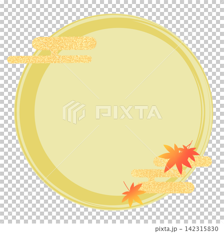 日式圓形相框,飾以紅色秋葉和雲朵圖案。 日式圓形相框,飾以紅色秋葉和雲朵圖案。 142315830