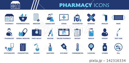 Pharmacy Icon Set. Collection of Pharmaceutical, Pharmacist, Consultant, Cross, Medicine, Pill, Vitamin, Vaccine, Insulin, Report, Prescription, First Aid Kit, Glucometer, Bandage, Inhaler, Eye Drop, Pharmacy Icon Set. Collection of Pharmaceutical, Pharmacist, Consultant, Cross, Medicine, Pill, Vitamin, Vaccine, Insulin, Report, Prescription, First Aid Kit, Glucometer, Bandage, Inhaler, Eye Drop, 142316334