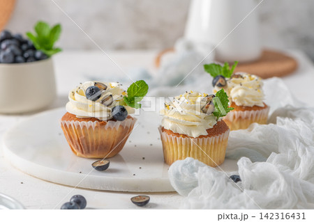 Delicious cupcakes with white frosting fresh blueberries and mint leaves on a marble board Delicious cupcakes with white frosting fresh blueberries and mint leaves on a marble board 142316431