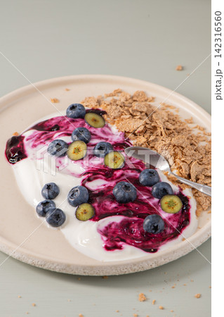 Yogurt with blueberry swirl and cereal on a plate Yogurt with blueberry swirl and cereal on a plate 142316560