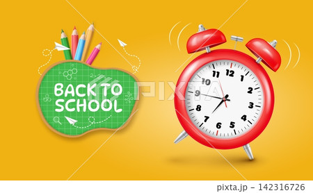 Back to school background. The text Back to school on a blackboard, with pencils, an alarm clock, and paper airplanes on a yellow background. Back to school background. The text Back to school on a blackboard, with pencils, an alarm clock, and paper airplanes on a yellow background. 142316726
