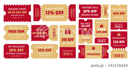 Winter sale discount coupon and vintage ticket stub element set Winter sale discount coupon and vintage ticket stub element set 142316829