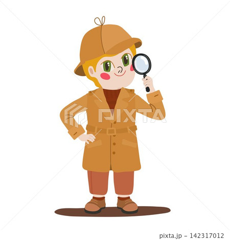 Young detective with magnifying glass and brown outfit vector character isolated on white 142317012