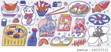 Color Asian food doodles on white background Color Asian food doodles on white background 142317115