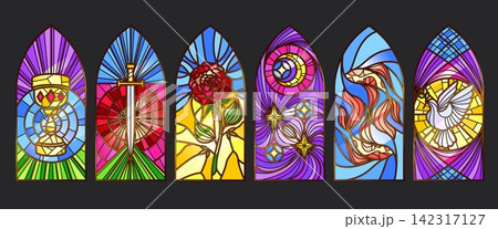 Gothic catholic church windows with stained glass Gothic catholic church windows with stained glass 142317127