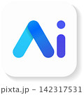 Minimalist artificial intelligence app icon illustration featuring stylized letters AI in blue and purple gradient on a rounded square button with soft drop shadow over transparent background. 142317531