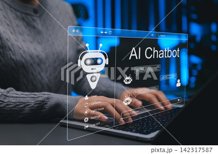 AI chatbot concept. Person using laptop and virtual chat window, representing artificial intelligence, generative AI, assistant, AI agents, customer service intelligent automation, smart communication AI chatbot concept. Person using laptop and virtual chat window, representing artificial intelligence, generative AI, assistant, AI agents, customer service intelligent automation, smart communication 142317587