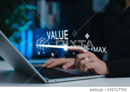 Business Value Added Concept. Businessperson adjusting virtual slider to maximize performance, value increase, service enhancement, company value added, add mindset, and strategic business growth. 142317702