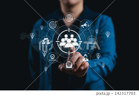 Target audience and digital marketing strategy concept. Icons of people, ads, location, reviews symbolizing segmentation, visibility, CRM system and online reach. Customer Relationship Management, Target audience and digital marketing strategy concept. Icons of people, ads, location, reviews symbolizing segmentation, visibility, CRM system and online reach. Customer Relationship Management, 142317703