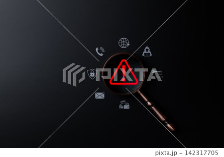 Cybersecurity threat detection concept. Magnifying glass on red alert symbol representing online risk, data breach, malware warning, scam, phishing, suspicious, unknown person, digital fraud awareness Cybersecurity threat detection concept. Magnifying glass on red alert symbol representing online risk, data breach, malware warning, scam, phishing, suspicious, unknown person, digital fraud awareness 142317705