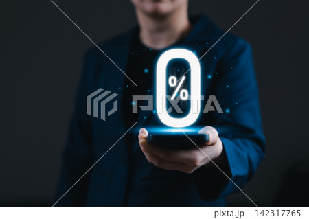 Zero percent concept. Businesswoman holding smartphone with glowing 0% symbolizing interest free rate, discount promotion, financial offer, digital banking technology, fintech marketing strategy, 0 %, 142317765