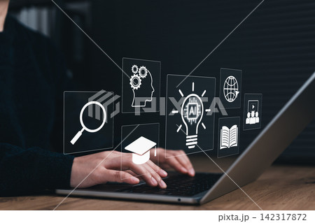 AI Learning and Smart Education Concept. Person using laptop with icons for graduation, global access, digital content, AI tools, online learning, smart education, interactive knowledge discovery 142317872