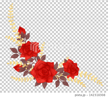 A floral arrangement for a corner. Red, scarlet roses, watercolor, pastel. Isolated composition. Hand drawn in a flat style. A design element 142318308
