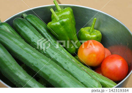 家庭菜園で収穫した夏野菜（8月）　ピーマントマト中心にピント 142319384