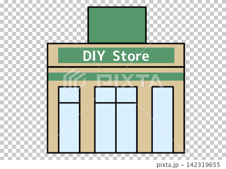 DIYショップ・ホームセンターの外観・日曜大工や建築資材店舗の建物アイコン DIYショップ・ホームセンターの外観・日曜大工や建築資材店舗の建物アイコン 142319655