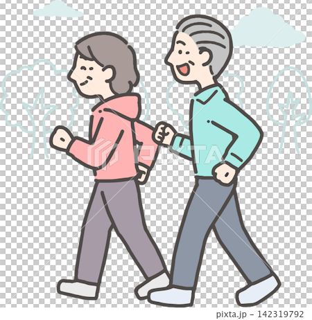 屋外をウォーキングするシニア夫婦 142319792
