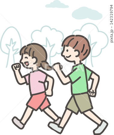 屋外をウォーキングする男の子と女の子 屋外をウォーキングする男の子と女の子 142319794
