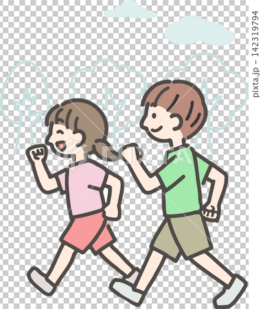 屋外をウォーキングする男の子と女の子 屋外をウォーキングする男の子と女の子 142319794