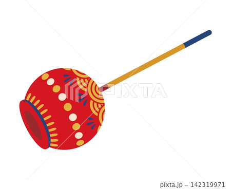 Traditional Japanese festival red candy coated apple on a wooden stick decorated with traditional Japan patterns. Ringo ame street food icon for a summer matsuri festival, isolated sweet food treat 142319971