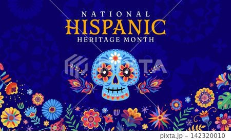 National Hispanic heritage month banner with sugar calavera skull and ethnic flowers pattern. Vector Mexican holiday background, Latin America festival poster or postcard, culture carnival ornament National Hispanic heritage month banner with sugar calavera skull and ethnic flowers pattern. Vector Mexican holiday background, Latin America festival poster or postcard, culture carnival ornament 142320010
