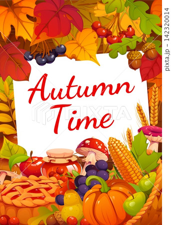 Autumn season time banner with paper sheet and fall season harvest on festive background. Autumn banner for Thanksgiving market with leaves foliage frame, pumpkin and oak leaf for food festival Autumn season time banner with paper sheet and fall season harvest on festive background. Autumn banner for Thanksgiving market with leaves foliage frame, pumpkin and oak leaf for food festival 142320014