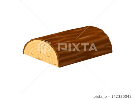 Wooden log with bark texture, growth rings and cut cross section. Semi circular isolated cartoon timber or firewood for forestry, lumber, woodworking, construction, camping, nature themes, game assets 142320042