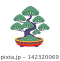 Miniature bonsai tree in decorative Japanese pot with layered foliage and twisting trunk. Vector Japan travel, holiday and architecture icon, traditional gardening culture, home decor, Zen and art 142320069