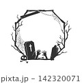 Halloween silhouette frame and scary border. Template with cracked graveyard tombstone, skull, bones, zombie hands, cobweb, tree branches or cross. Spooky holiday eerie frame for seasonal horror party 142320071