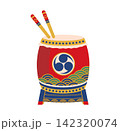 Red Japanese taiko drum percussion Asian wadaiko instrument icon with ornament and drumsticks for traditional summer festival matsuri holiday celebration, cultural seasonal event parade or performance 142320074