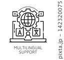 Education LMS multilingual support line icon. Learning management system line pictogram, LMS innovation vector sign. Education course platform symbol with globe, laptop and language symbols 142320075