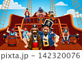 Cartoon pirate crew characters on wooden ship deck, captain and skipper with boatswain and corsairs. Caribbean pirate characters on sailboat with sailor at helm with spyglass or rum barrel and cannon 142320076