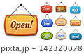 Open and closed shop door signboards, isolated store sign board with bold lettering. Vector hanging wooden shop and store door plates suspended by rope and pin. Retail notice, announcement or display 142320078