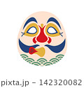Japanese Hyottoko festival mask with funny face, puckered mouth and traditional Japan wave ornament. Matsuri holiday isolated icon of folk character face with red nose, curved mustache and empty eyes 142320082